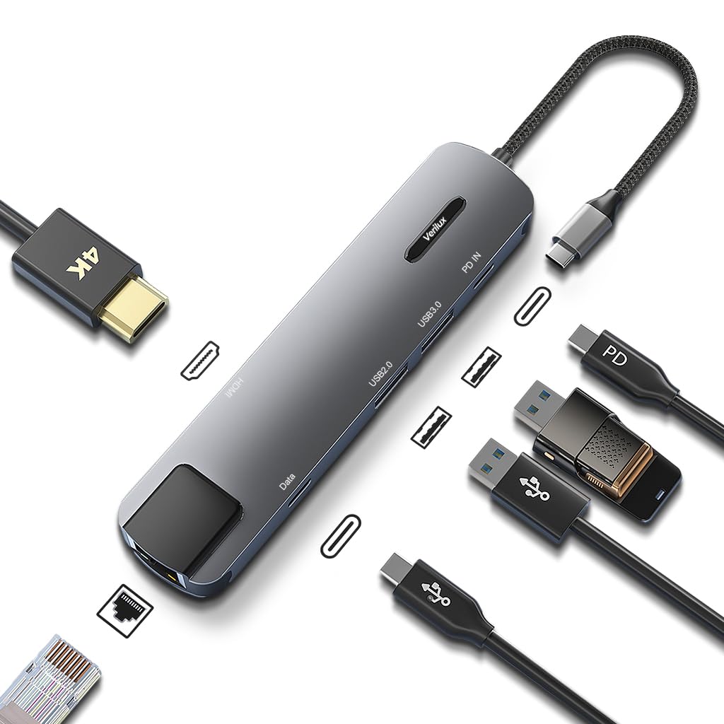 Verilux USB C Hub with Ethernet 6 in 1 USB Type C Hub with 4K HDMI Converter, PD 100W Charging Port, Multi USB Port for Laptop with USB Hub 3.0 and 2.0 for MacBook Air M1 Pro, iPhone 15 Max Pro Plus Verilux USB C Hub with Ethernet 6 in 1 USB Type C Hub with 4K HDMI Converter, PD 100W Charging Port, Multi USB Port for Laptop with USB Hub 3.0 and 2.0 for MacBook Air M1 Pro, iPhone 15 Max Pro Plus